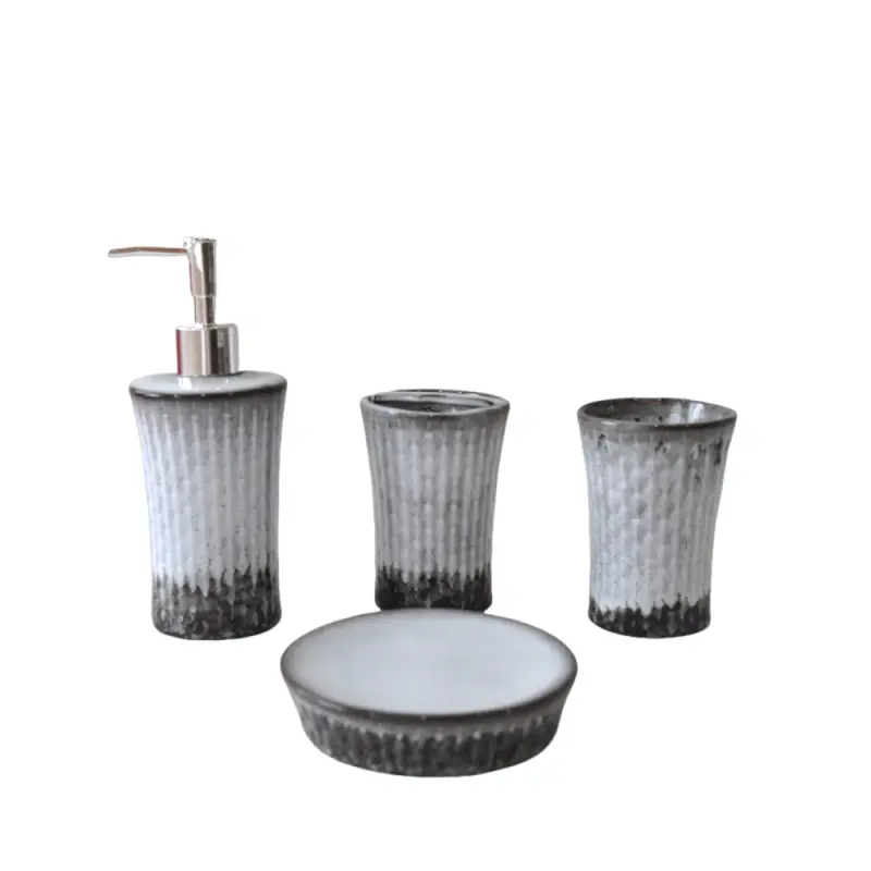 Gray and Black Gradient Vertical Striped Ceramic Bathroom Accessory Set