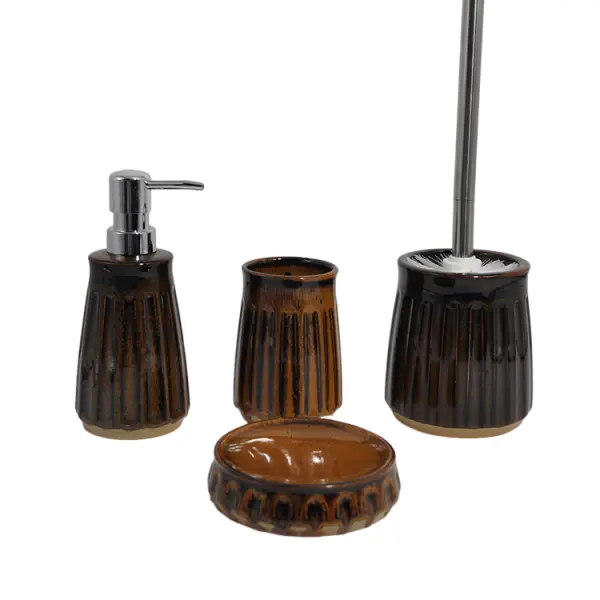 Dark Brown Ribbed Glaze Ceramic Bathroom 4-Piece Set