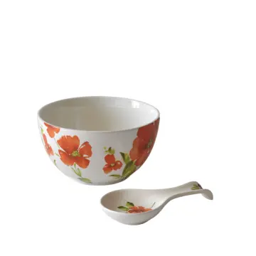 Watercolor-Style Red Floral Ceramic Soup Bowl and Spoon Rest Set