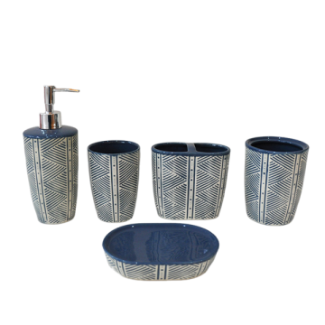 Blue & White Geometric - Patterned Ceramic Bathroom 5 - Piece Set