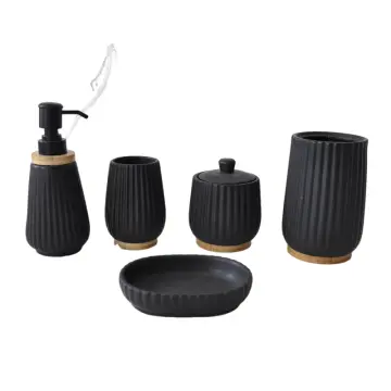 Matte Black Ribbed Ceramic Bathroom 5-Piece Set with Wood Base