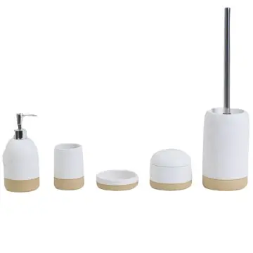 Modern Minimalist White - Tan Textured Ceramic Bathroom Accessory Set