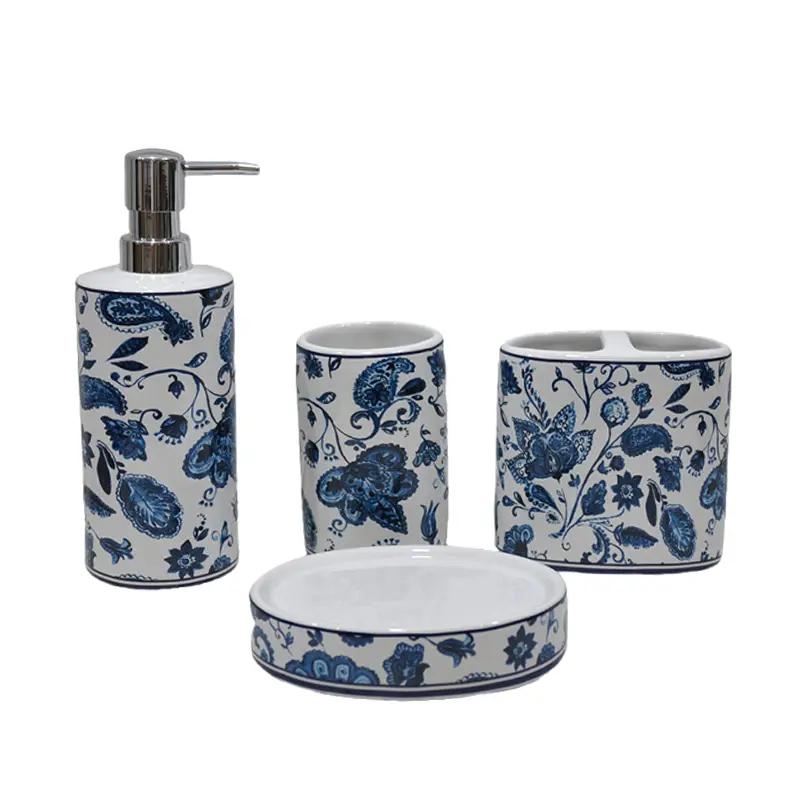 Blue and White Floral Paisley Glossy Glazed Dolomite Bathroom 4 - Piece Set