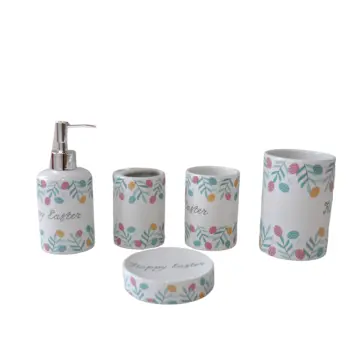 Easter Egg & Green Leaf Printed Ceramic Bathroom Accessory Set