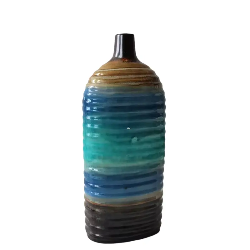 Blue Green Gradient Vertical Striped Ceramic Floor Vase