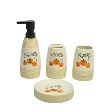 Halloween Pumpkin-Printed Beige-Brown Ribbed Stoneware Bathroom Accessory Set