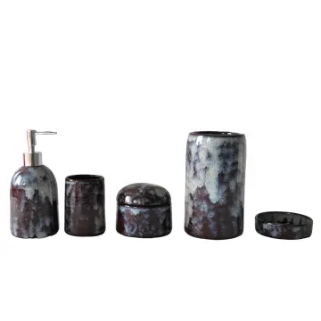 Wabi-Sabi Deep Brown Kiln-Change Splatter Stoneware Bathroom Accessory Set
