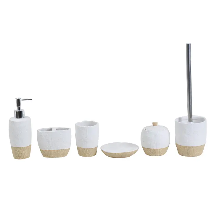 White & Beige Linen - Textured Stoneware Bathroom 6 - Piece Set