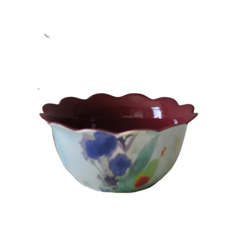 Watercolor Style Color Block Floral Ceramic Bowl with Petal Edge