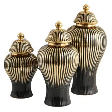 Luxury Black & Gold Vertical Striped Ceramic General Jars