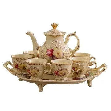 European Floral Ceramic Tea Set with Tray
