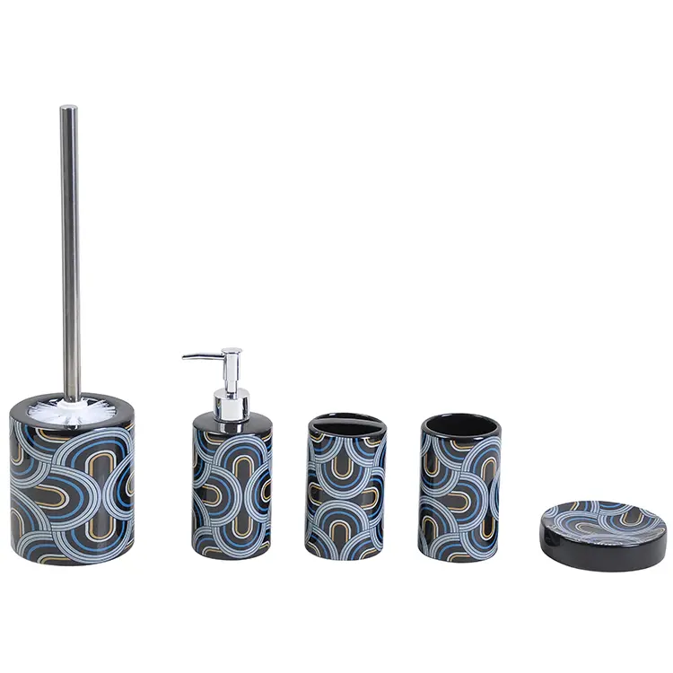 Modern Art Blue - White Wave - Patterned Ceramic Bathroom Accessory Set