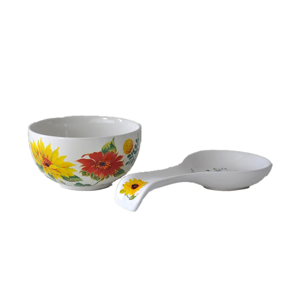 Rustic Hand-Painted Sunflower Floral Ceramic Bowl and Spoon Set