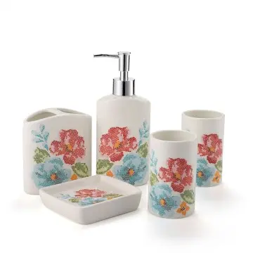 Fresh Cross-Stitch Floral Ceramic Bathroom Set