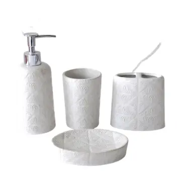 White Embossed Floral Ceramic Bathroom 4-Piece Set