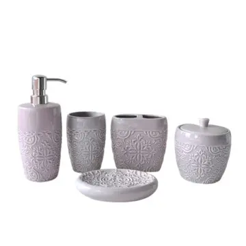 Light Purple Embossed Pattern Ceramic Bathroom 5-Piece Set