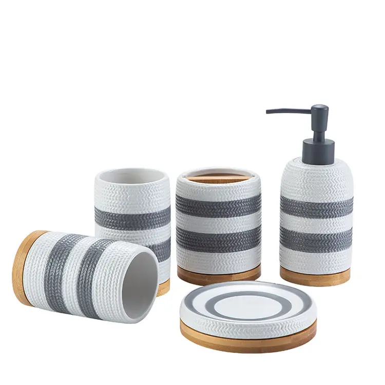 Grey White Striped Woven Texture Ceramic Bathroom 5-Piece Set