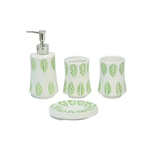 White Base Green Leaf Print Dolomite Bathroom 4-Piece Set