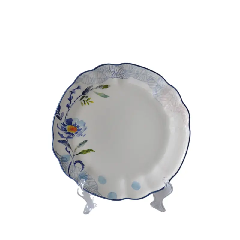 Watercolor Style Blue Rimmed Scalloped Edge Floral Ceramic Dinner Plate