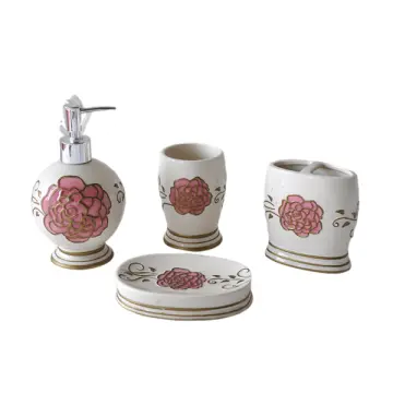 Pink Rose Ceramic Bathroom 4-Piece Set