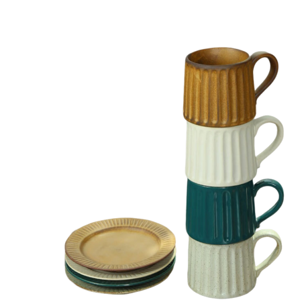 Multicolor Ribbed Ceramic Mug and Saucer Set