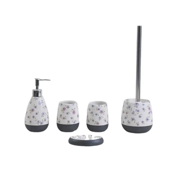 Purple Floral Gray - Bottom Ceramic Bathroom 5 - Piece Set