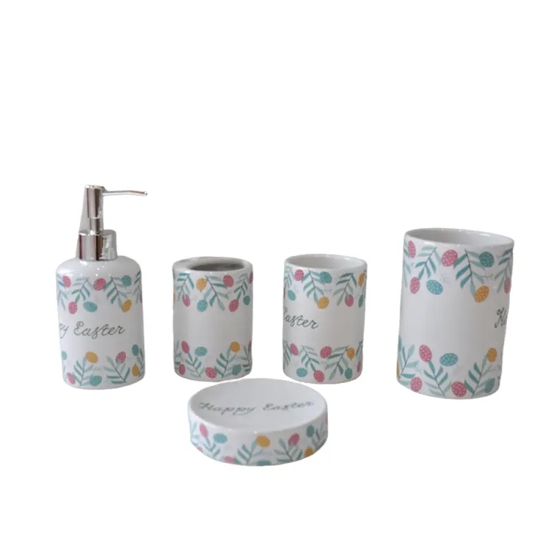 Easter Egg & Green Leaf Printed Ceramic Bathroom Accessory Set