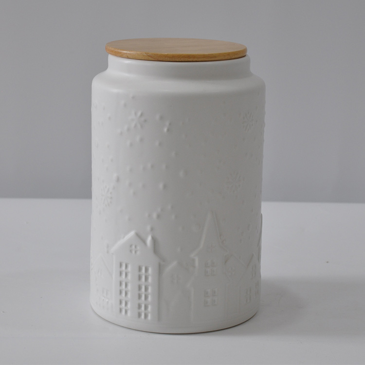 Matte Christmas Embossed Dolomite Ceramic Jar – 1.6L Holiday Storage with Bam...