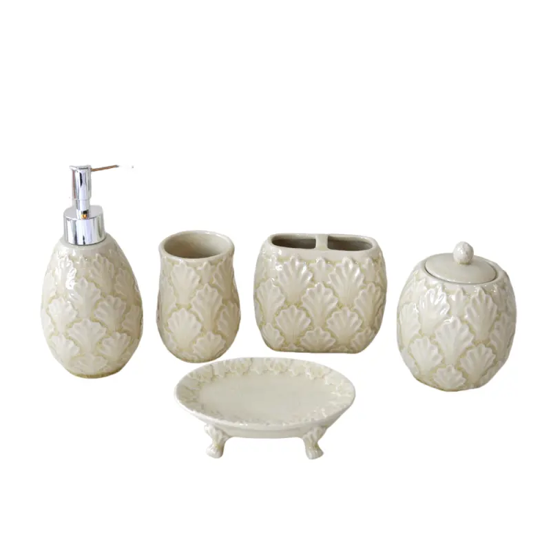 Pale Yellow Hand-Embossed Fan-Pattern Ceramic Bathroom 5-Piece Set
