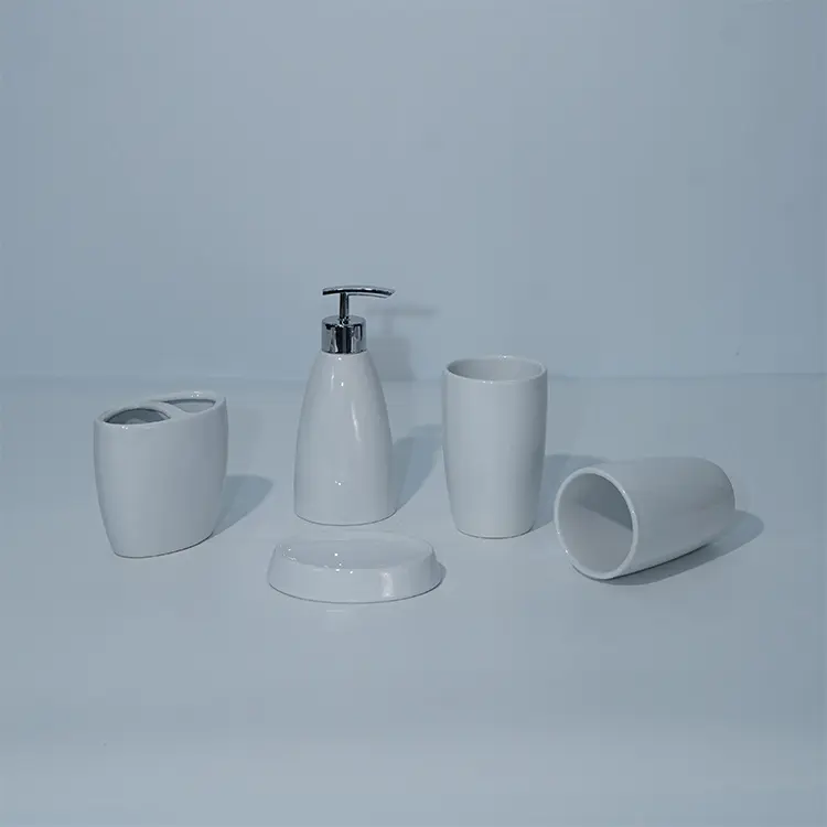 Wholesale Low Price Ceramic Home Decor 5 Pieces Shiny Pure Color Glazed Bathroom Accessories Set