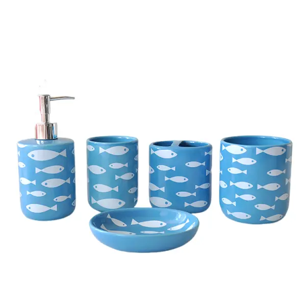 Ocean - Themed White Fish Print Ceramic 5 - Piece Bathroom Accessory Set