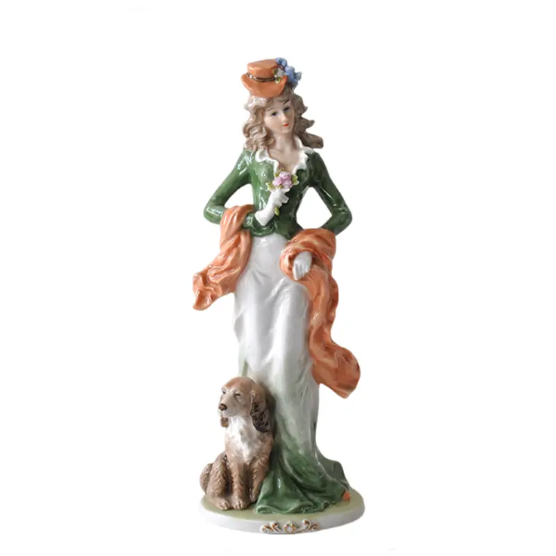 Vintage European Ceramic Lady - and - Dog Figurine
