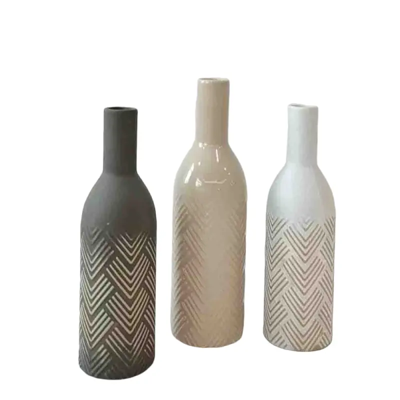 Morandi Color Herringbone Embossed Wine Bottle-Shaped Stoneware Vase
