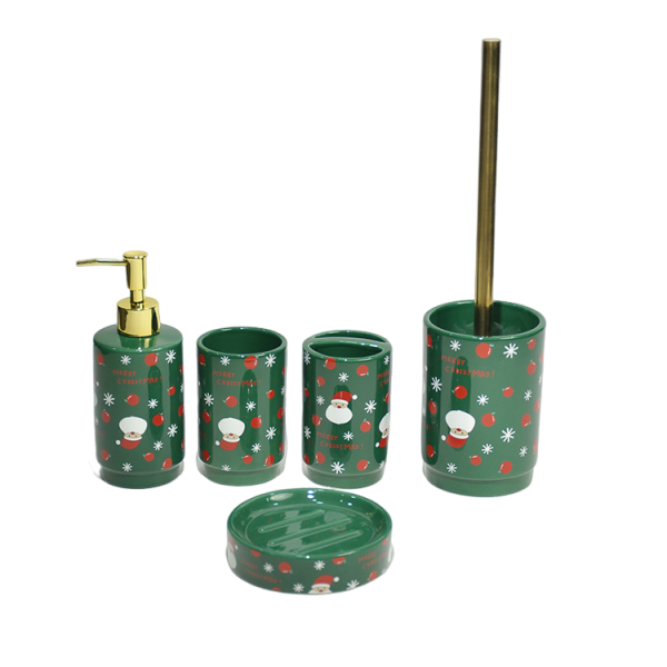 Christmas Green Base Santa & Snowflake Ceramic Bathroom 5-Piece Set