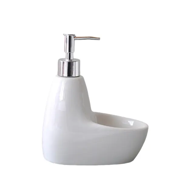 Modern 2 - in - 1 Ceramic Soap Dispenser with Integrated Dish | Glossy White Bathroom Accessory