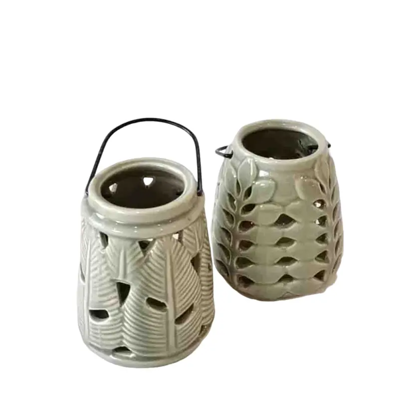 Artistic Celadon Leaf Vein Cutout Ceramic Candle Holders with Handles