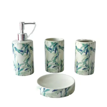 Fresh Blue Green Bamboo Leaf Printed Ceramic Bathroom Set