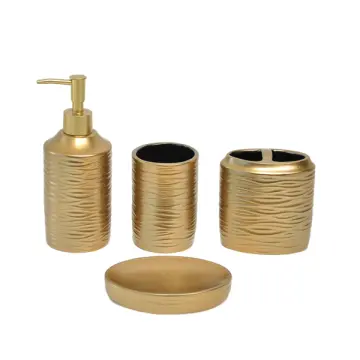 Gold Wave-Textured Stoneware Bathroom 4-Piece Set