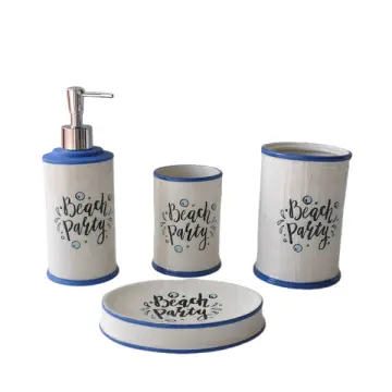 Blue and White Beach Party Themed Ceramic Bathroom 4-Piece Set