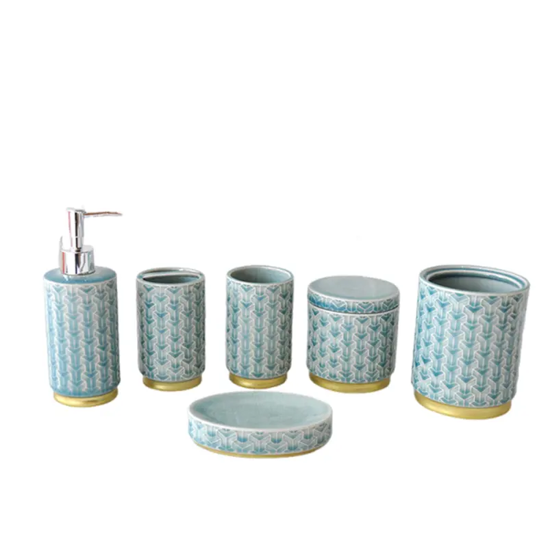 Teal Geometric Arrow - Patterned Ceramic Bathroom 6 - Piece Set