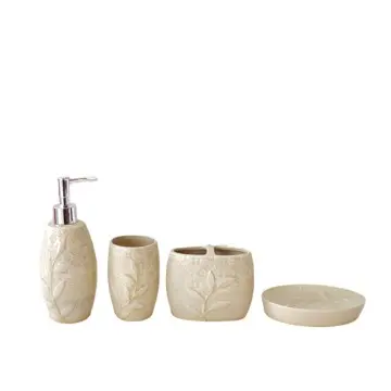 Beige Embossed Leaf - Patterned Stoneware Bathroom 4 - Piece Set