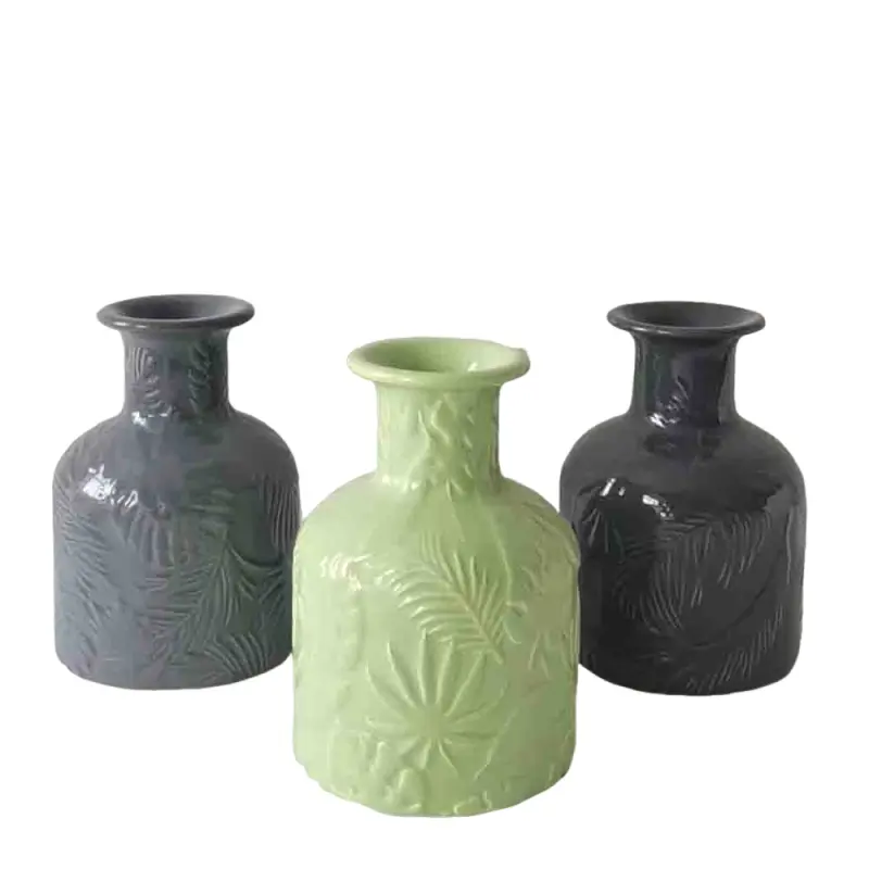 Morandi Color Embossed Plant Pattern Stoneware Mini Vase
