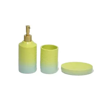 Pastel Yellow-Green Gradient Wave-Textured Stoneware Bathroom 3-Piece Set