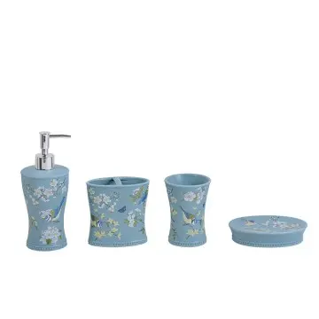 Light Blue Bird & Floral Patterned Dolomite Bathroom 4 - Piece Set