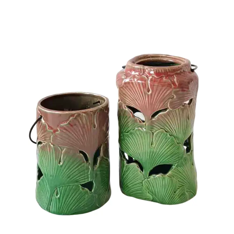 Artistic Red - Brown to Green Gradient Ginkgo Leaf - Embossed Cutout Ceramic Candle Holders with Handles
