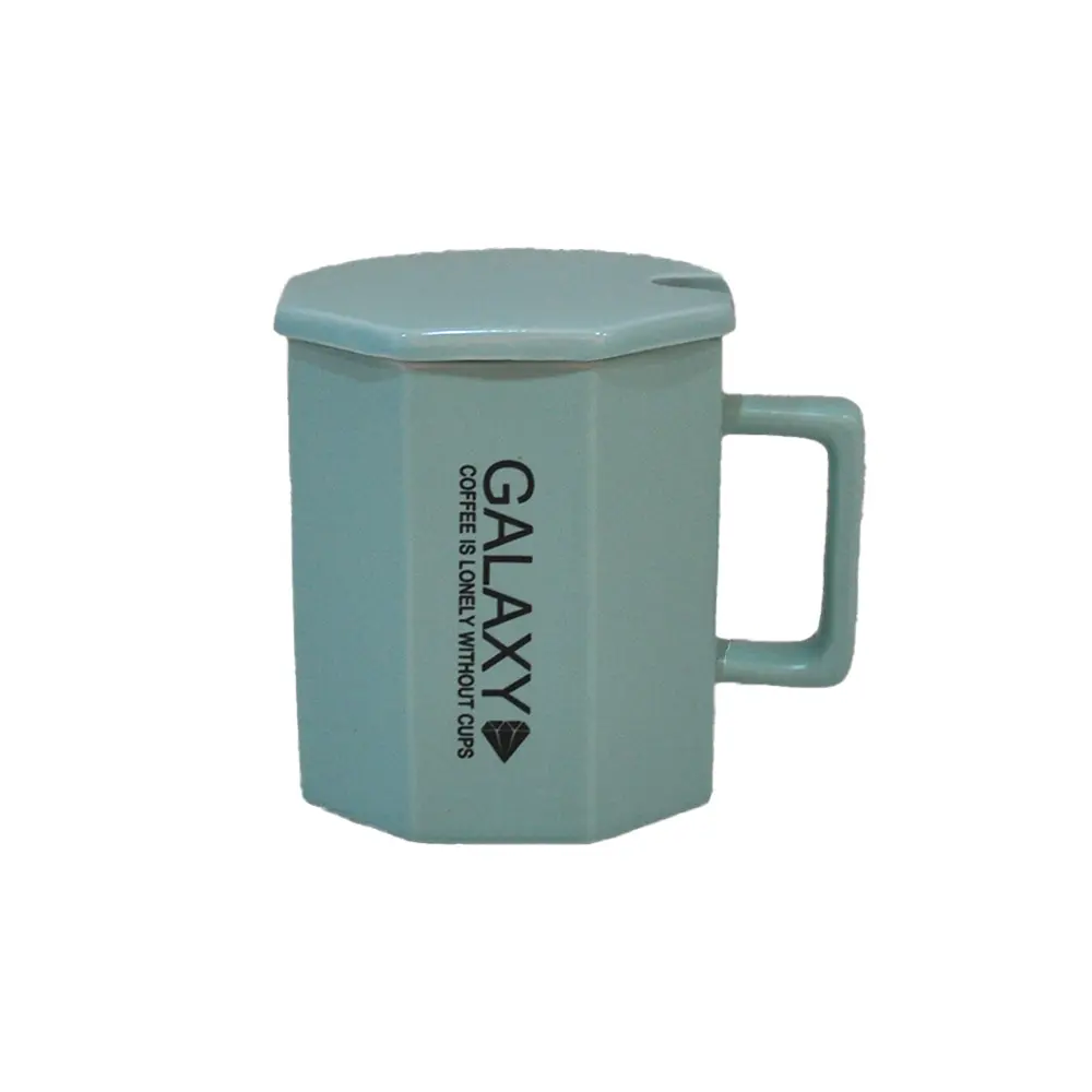 Minimalist Mint Green Octagonal Ceramic Coffee Mug with Lid