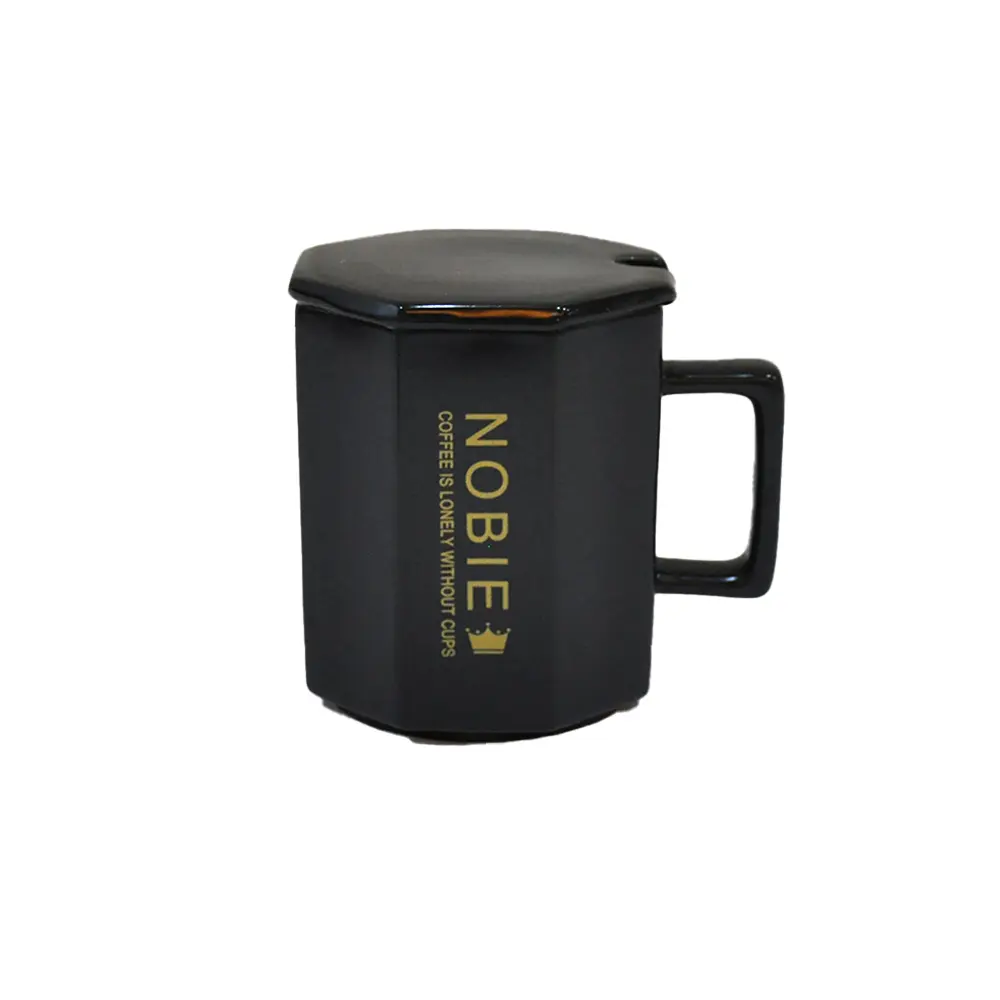 Minimalist Luxury Matte Black Octagonal Ceramic Coffee Mug with Lid