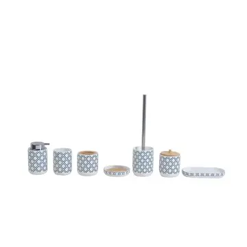 Teal & White Geometric - Patterned Stoneware Bathroom 7 - Piece Set