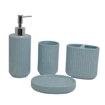 Light Blue Vertical Striped Marble-Look Stoneware Bathroom 4-Piece Set