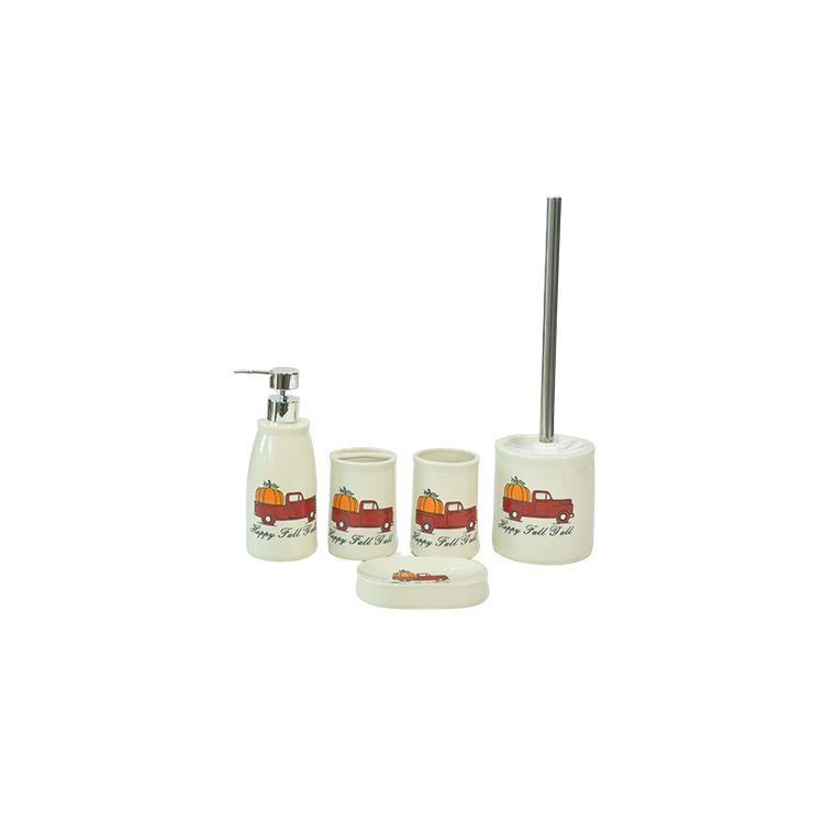 Harvest Festival Ceramic Bathroom 4-Piece Set: Lotion Dispenser, Cup, Toilet Brush & Soap Dish
